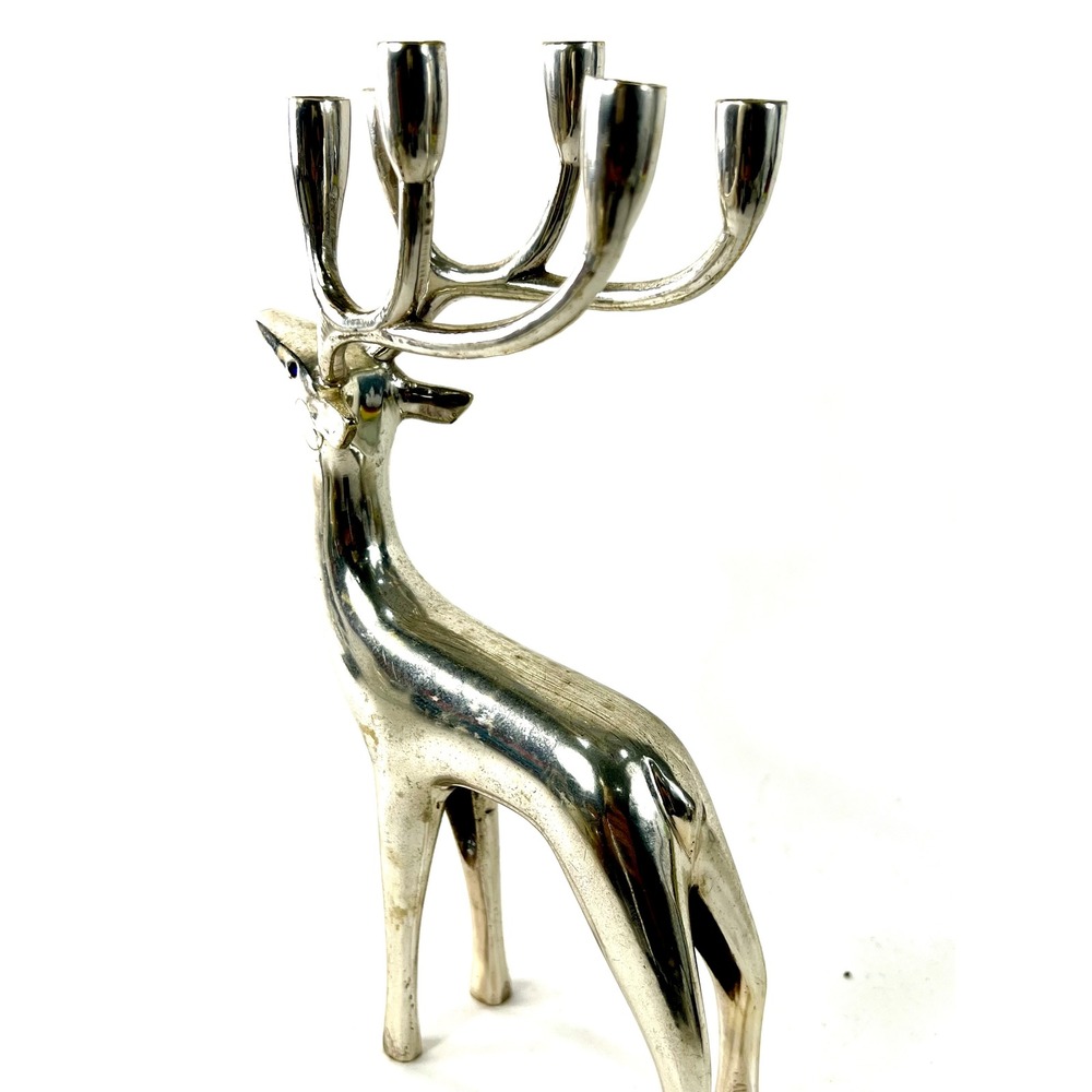 Silver Reindeer Candelabra Stag Antler 6 Candle Holder Holiday Centerpiece 9.5"